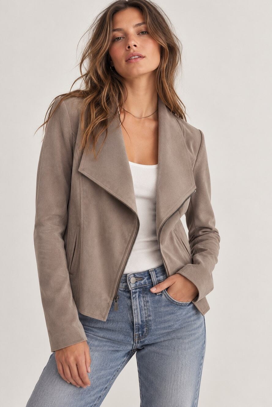 NWOT KUT From the Kloth Carina Faux Suede Draped Moto Jacket Taupe Size Small
